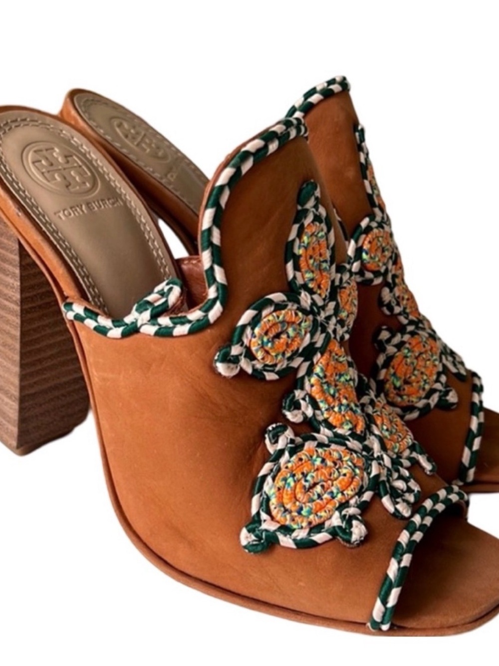 Tory Burch Palisades Embellished Leather Mule - Brown/Green Accent